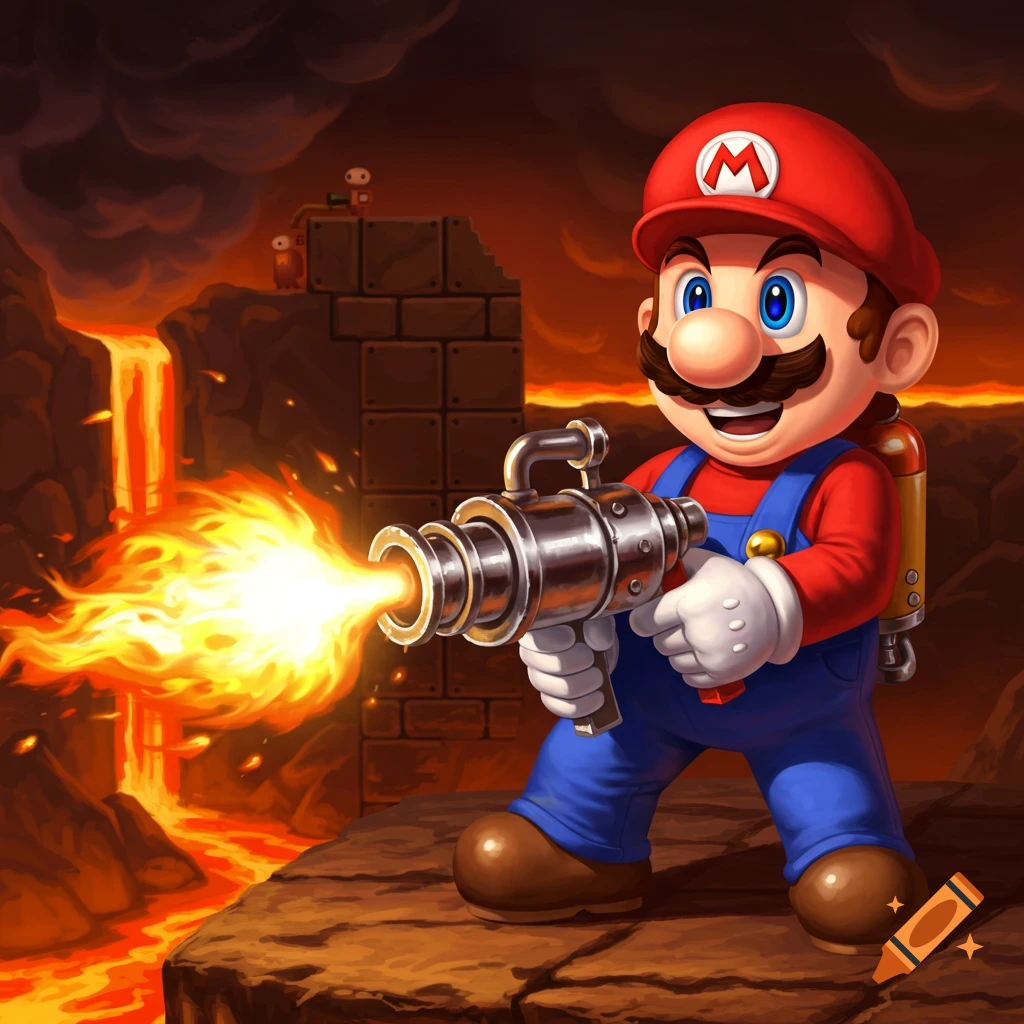 Mario using a flamethrower in a fiery lava level
