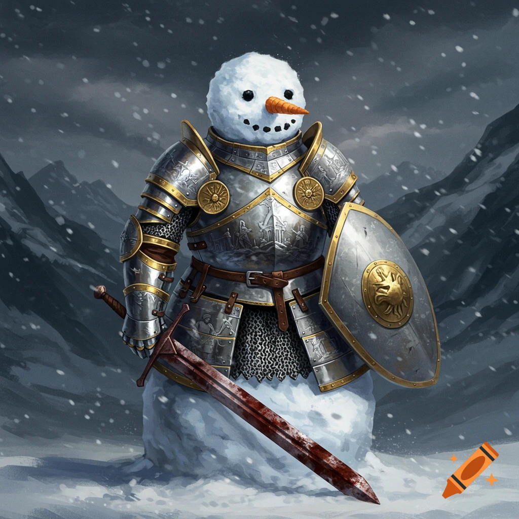 A snowman wearing full knight armor holds a shield and a bloodied sword in a snowy mountain landscape.