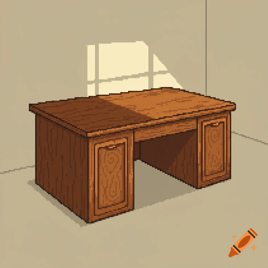 Pixel art illustration of a wooden desk in an office with sunlight.