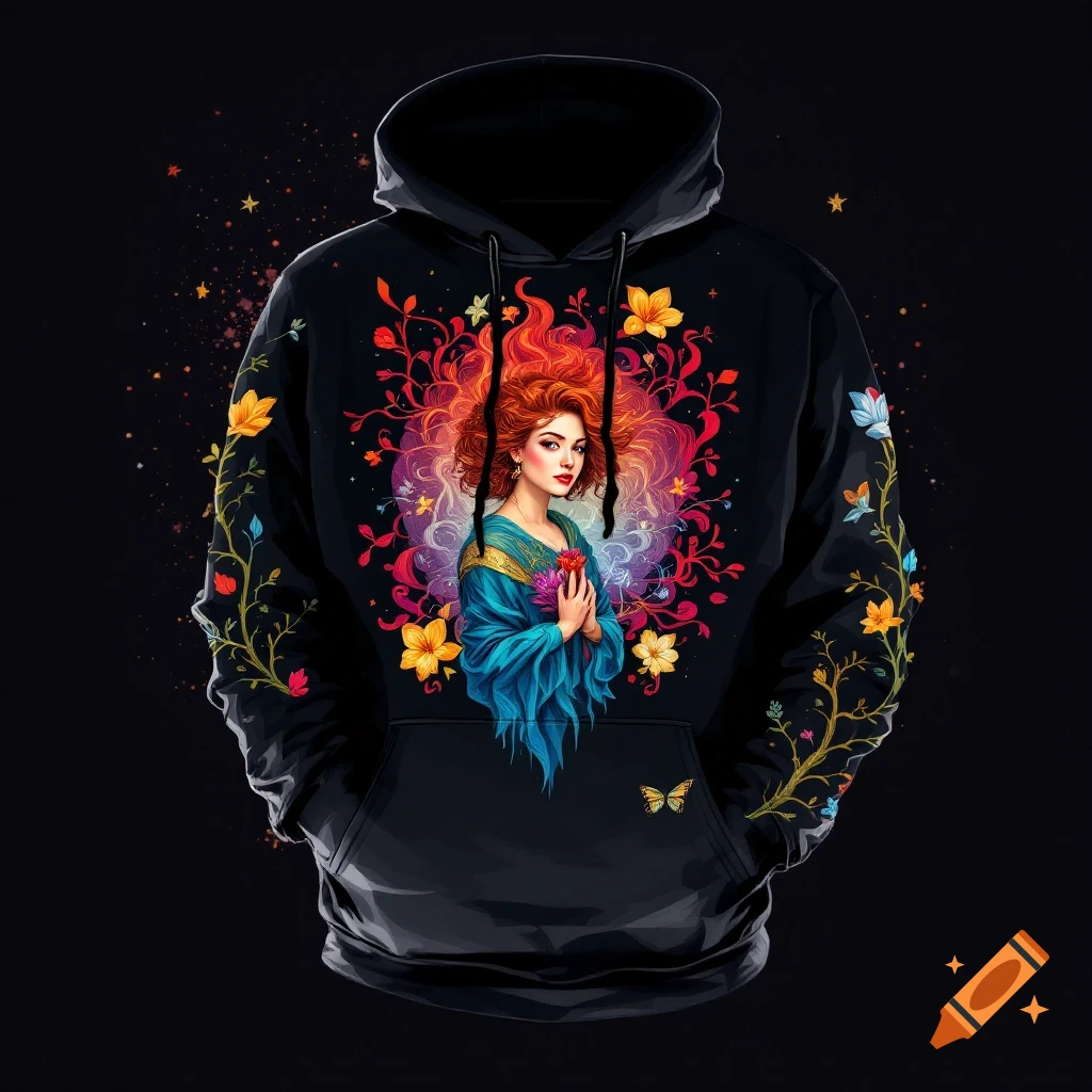 Black hoodie featuring a colorful illustration of a woman with red hair surrounded by flowers and butterflies