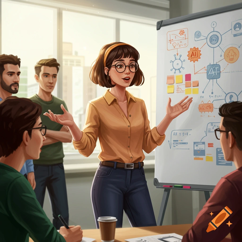 Illustration of a woman presenting AI concepts on a whiteboard to a group in an office setting.