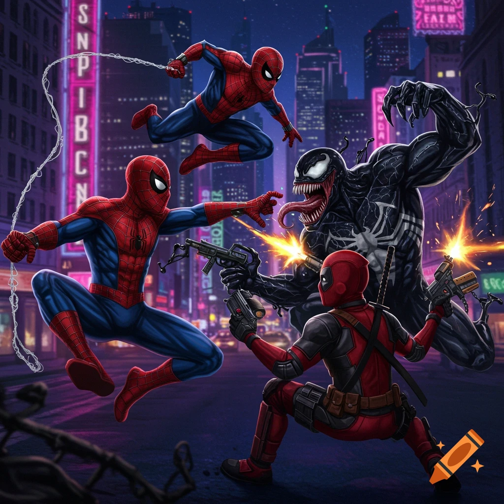 Spiderman and Deadpool fight Venom in a stylized night city scene, comic book art style.