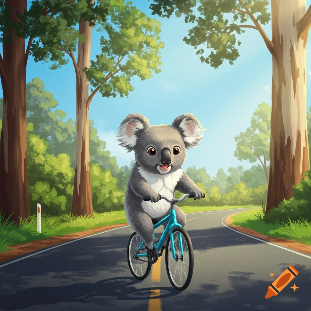 A cartoon koala rides a blue bicycle on a road through trees.