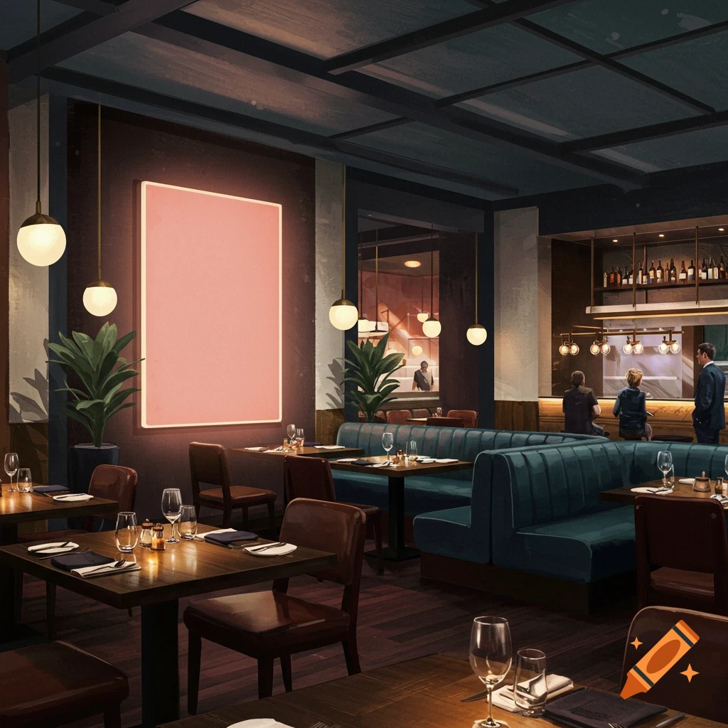 A stylish restaurant interior with tables, booths, a bar, and patrons.