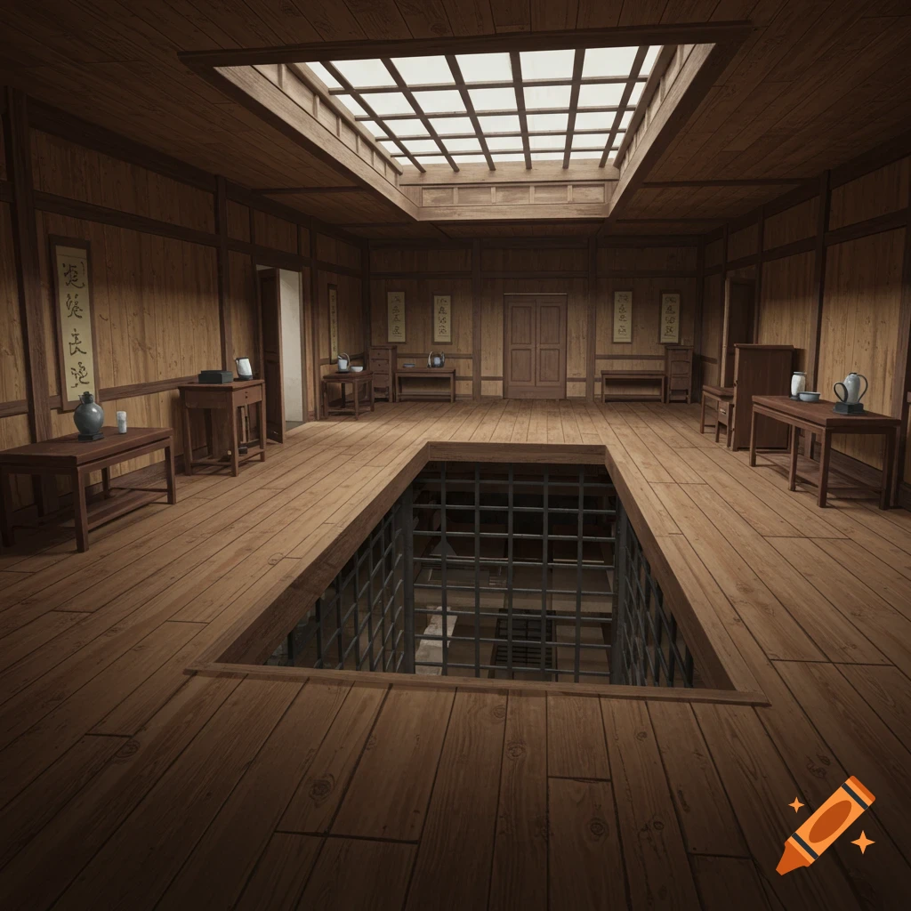 Wooden interior room with a large skylight ceiling, wooden furniture, and a square opening with bars in the floor.