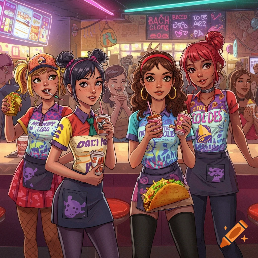 Four anime-style girls serve tacos and drinks at a colorful fast-food counter.
