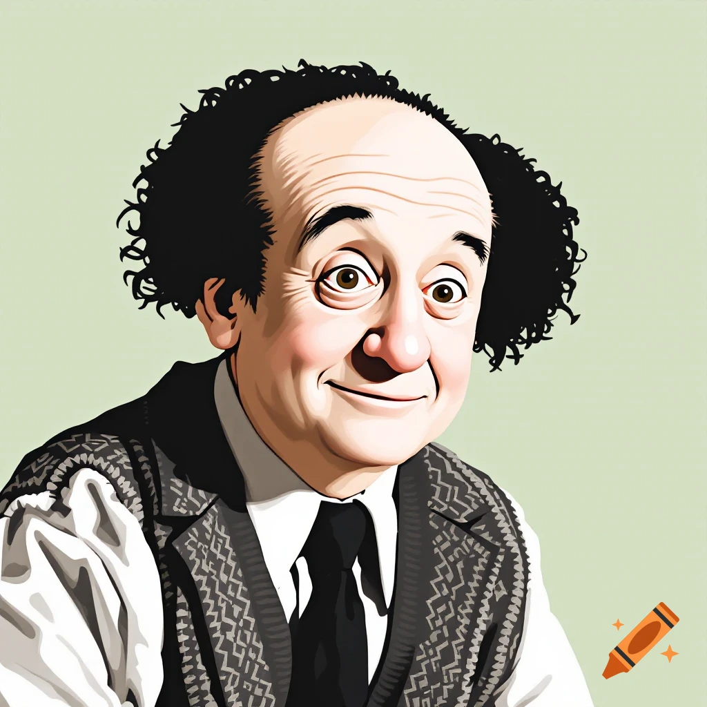 Caricature portrait of a man with a bald head and curly hair, wearing a vest and tie, smiling.
