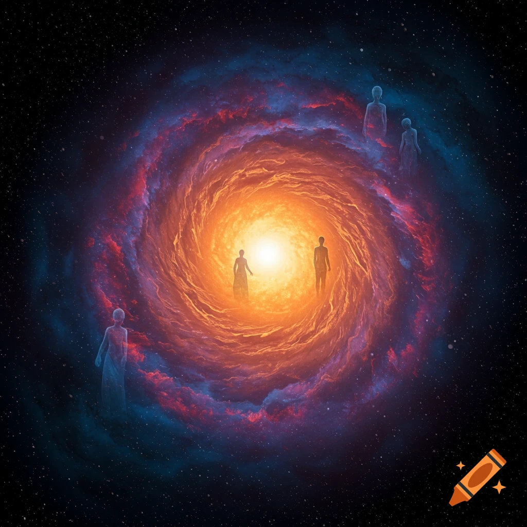 Ethereal figures in a swirling orange and blue nebula in space.