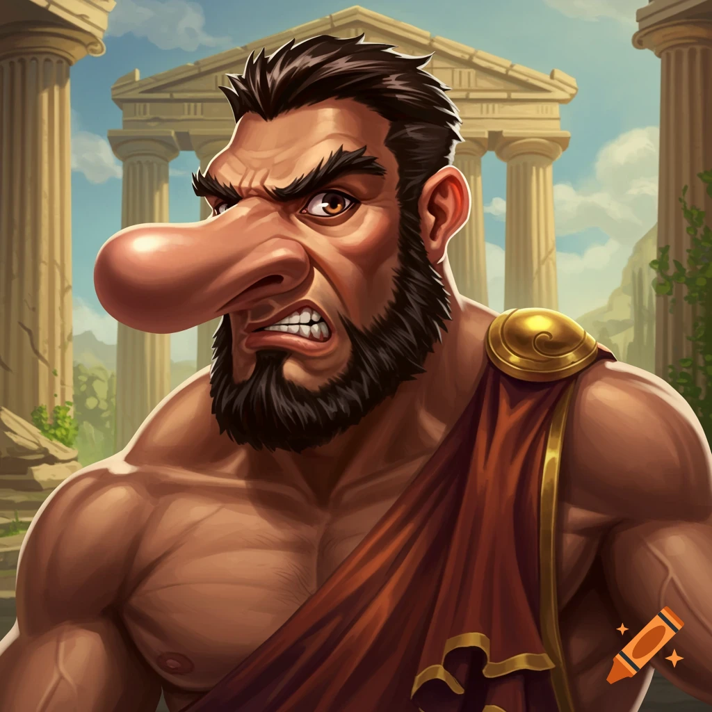 Stylized depiction of a muscular man with a large nose wearing a toga in front of Greek columns.