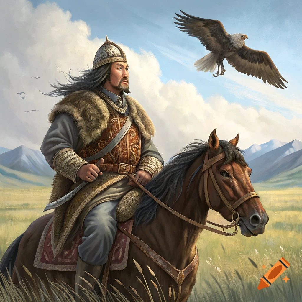 A historical figure rides a horse in a field, looking up at a hawk flying nearby. The style is painterly.