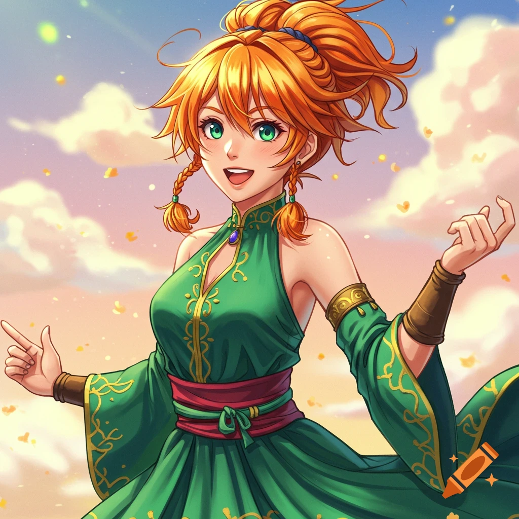 Anime woman with orange hair in a green dress smiles under a bright sky.