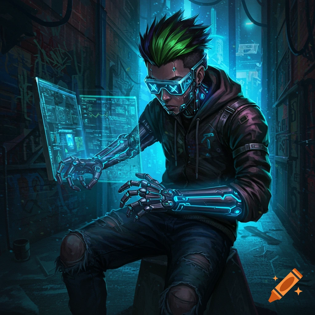 Cyberpunk person with bionic arms using holographic screens in a dark alley. Digital illustration.