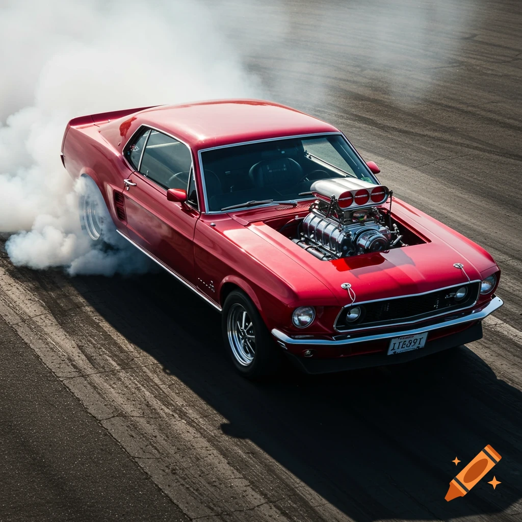 A red 1969 Mustang with a supercharger does a smoky burnout on asphalt.