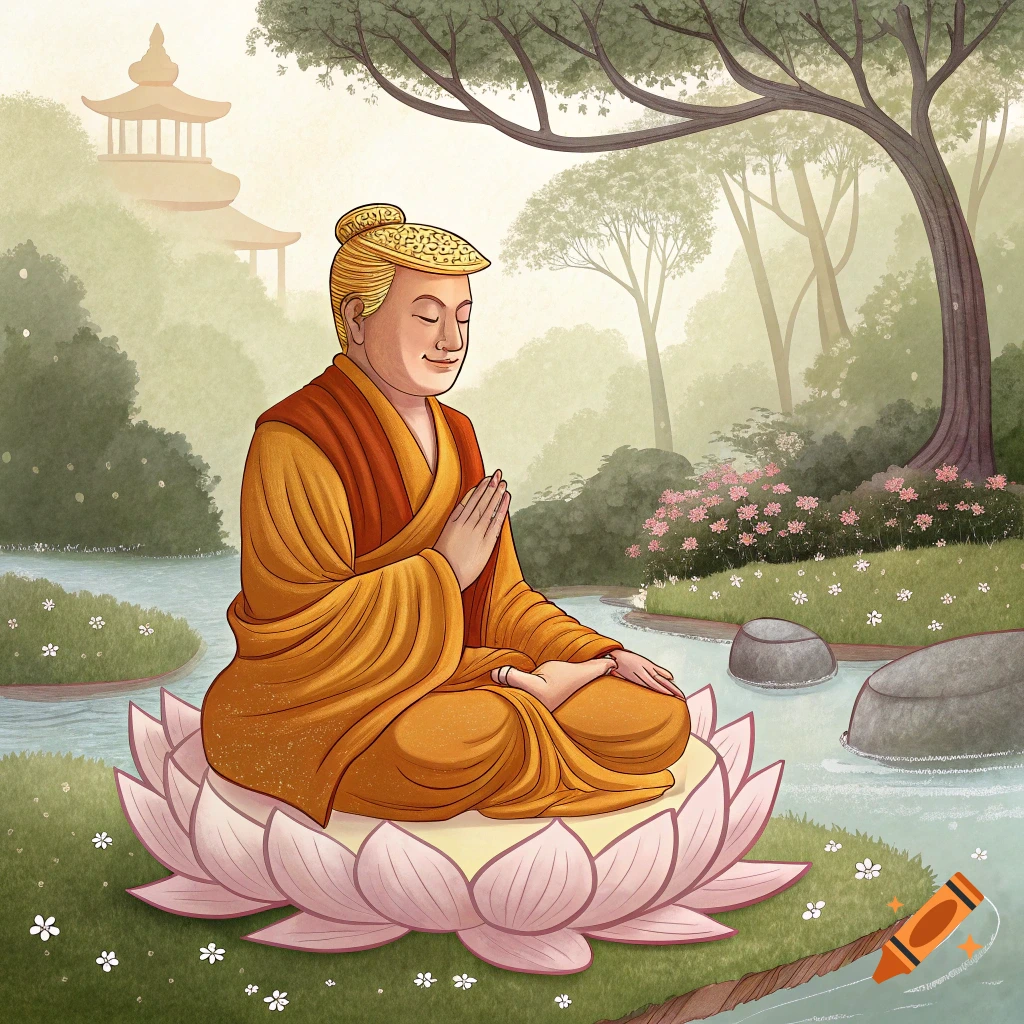 Illustration of a caricature of Donald Trump dressed as Buddha meditating on a lotus flower in a peaceful garden with a temple.