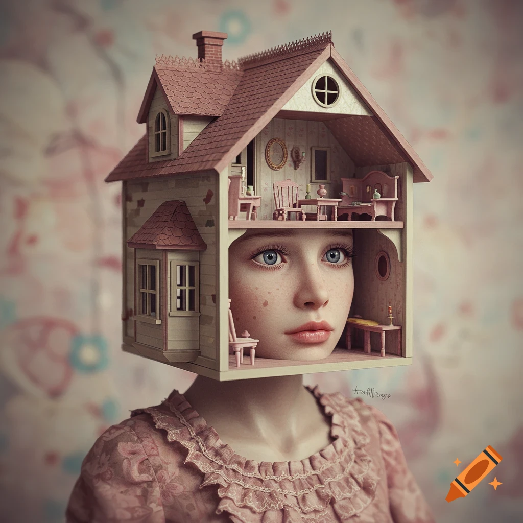 Realistic portrait of a girl with a dollhouse on her head