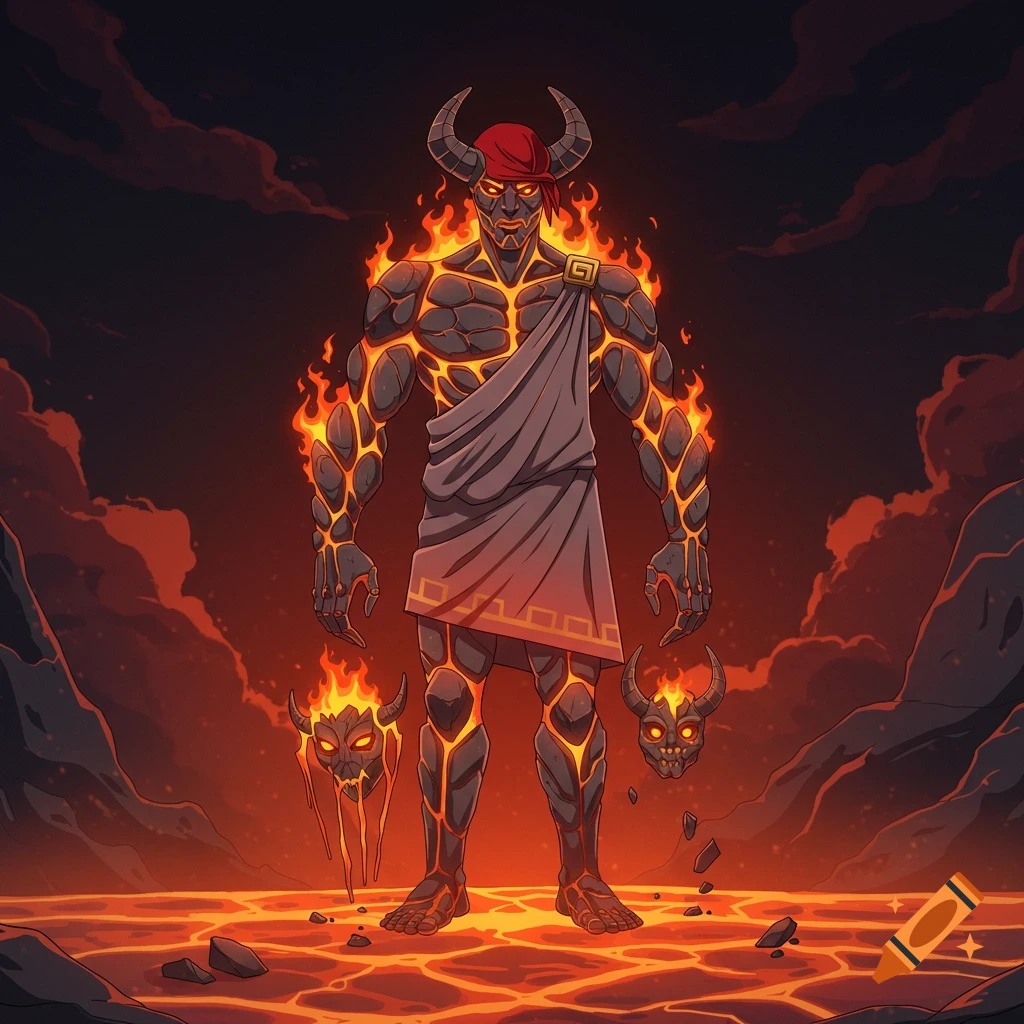Anime art of a fiery lava demon figure with horns and cloak, standing on cracked lava ground.