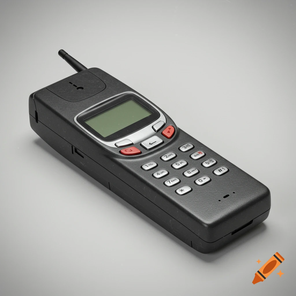 An old black brick-like cell phone with a keypad and screen on a grey background.