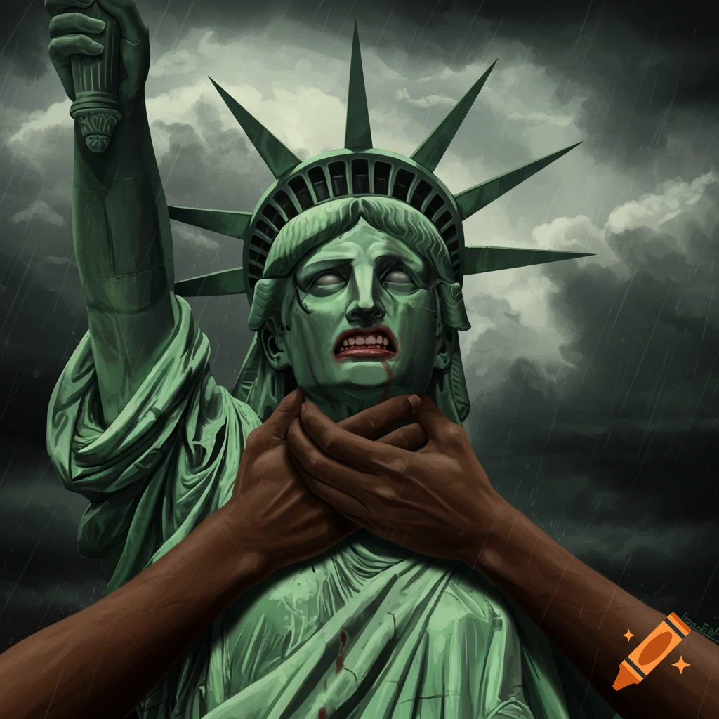 Illustration of the Statue of Liberty being choked by human hands under a stormy sky