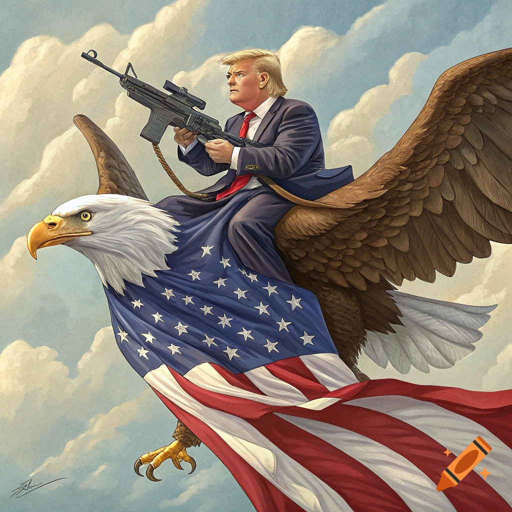 Illustration of Donald Trump riding a bald eagle wrapped in an American flag and holding an AR-15 rifle
