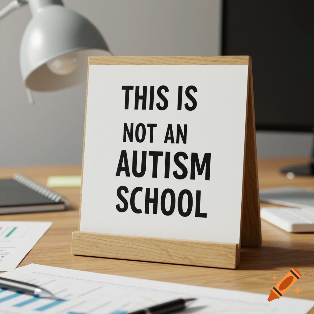 Close-up of a sign on a desk that reads THIS IS NOT AN AUTISM SCHOOL. Documents and a lamp are visible.