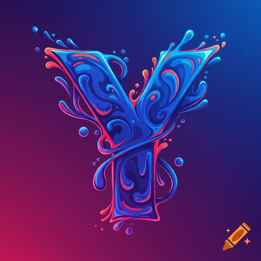 Stylized blue and red letter Y made of swirling liquid splashes on a gradient background.