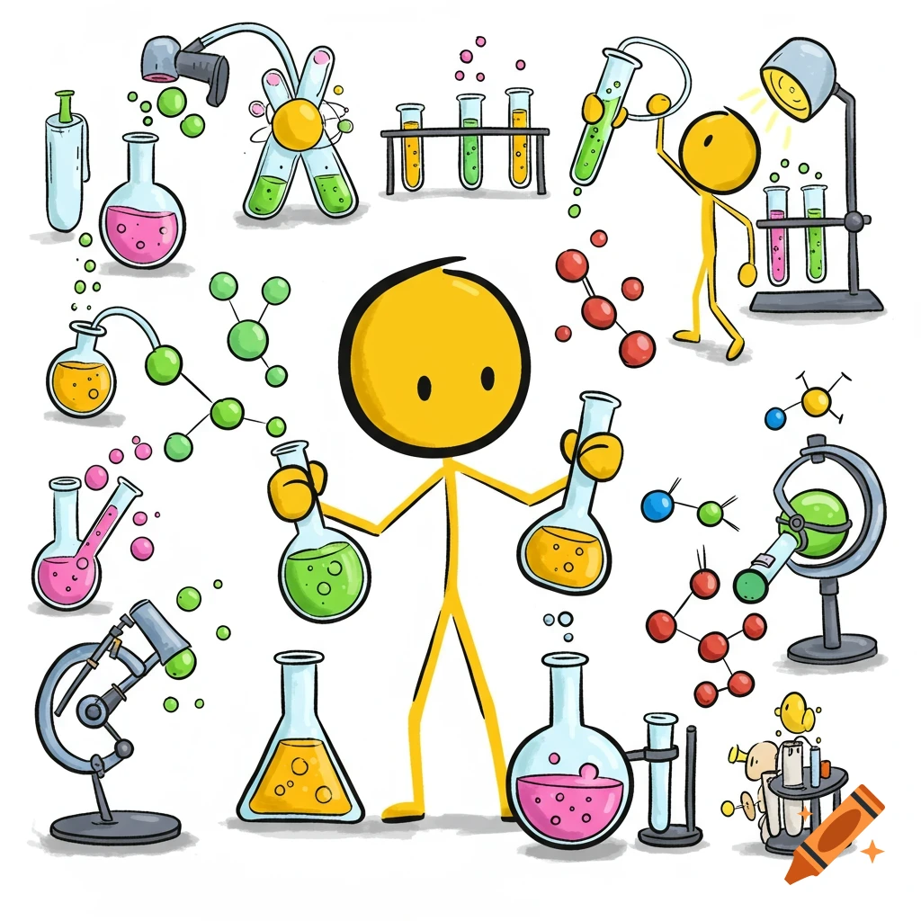 A cartoon stick figure surrounded by beakers, test tubes, and science equipment.
