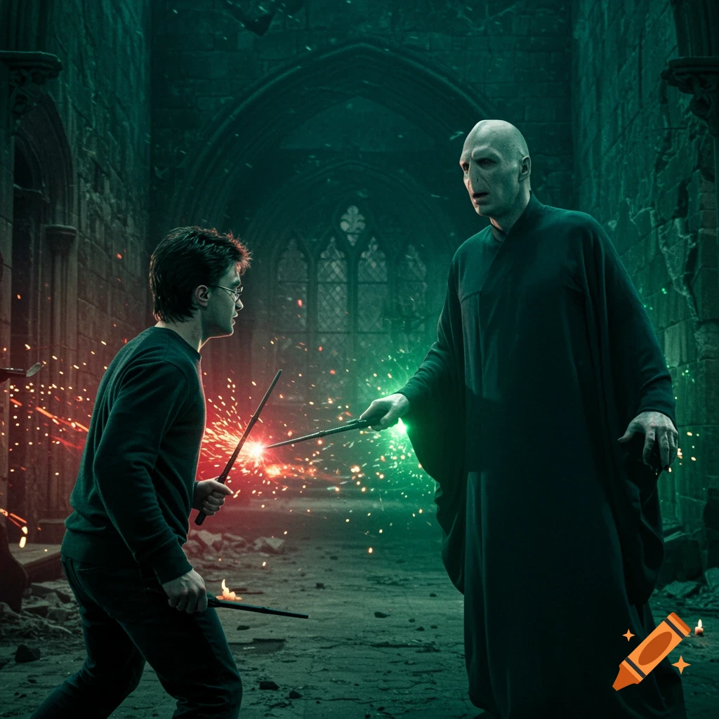 Harry Potter and Voldemort duel with wands in a dark, ruined hall with clashing spells.