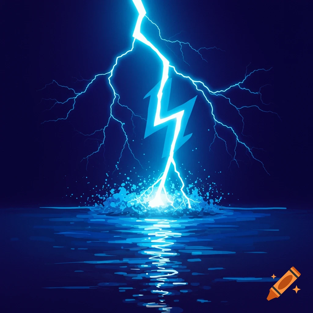 Illustration of blue lightning striking dark water, with a bright splash and ripples