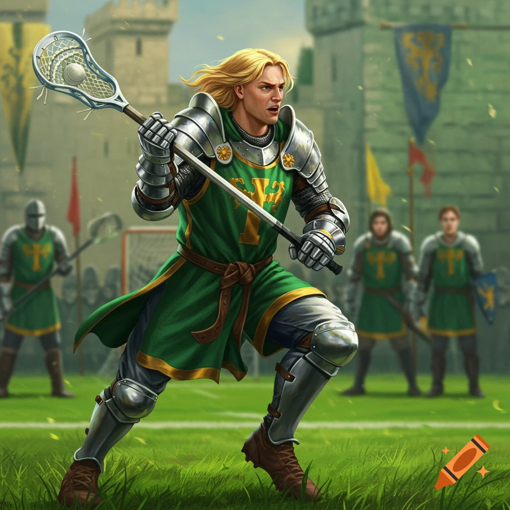 A fantasy illustration of a knight in armor playing lacrosse on a field near a castle, with other knights in the background.