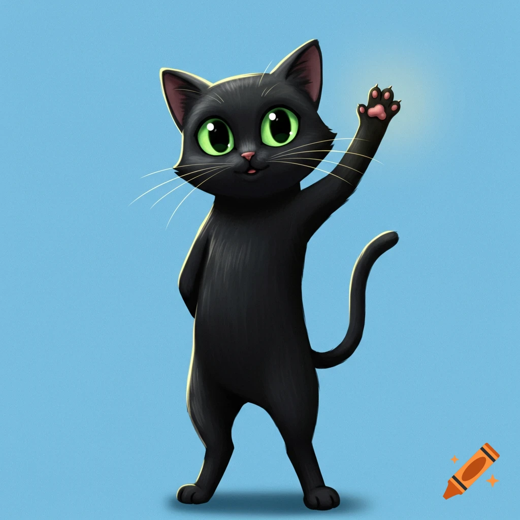 A cartoon black cat with green eyes stands and waves a paw.