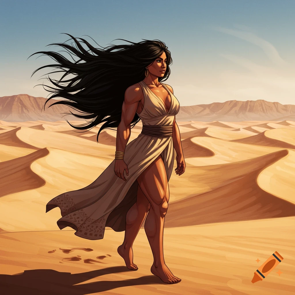 Stylized illustration of a strong woman with long hair walking through a desert landscape.