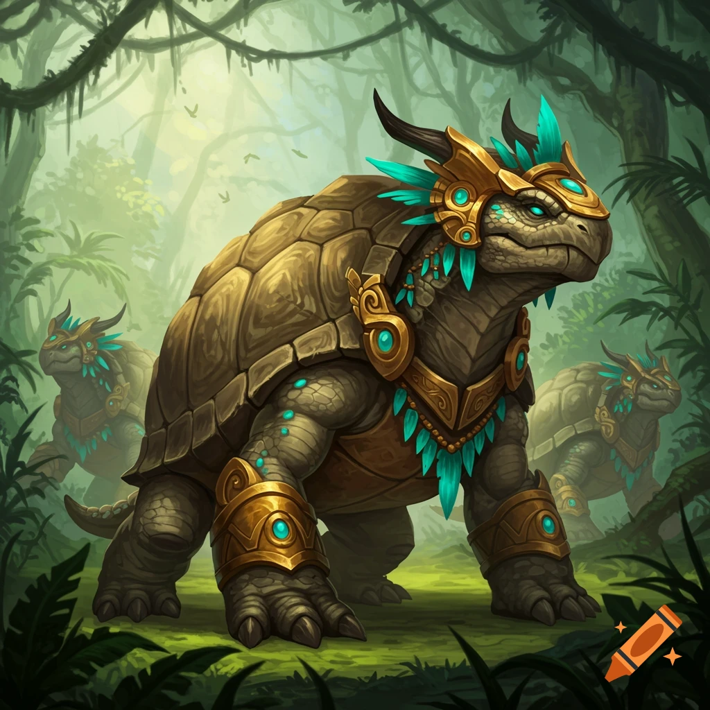 An armored fantasy turtle with turquoise adornments stands in a jungle, with two similar turtles behind it. Illustration style.