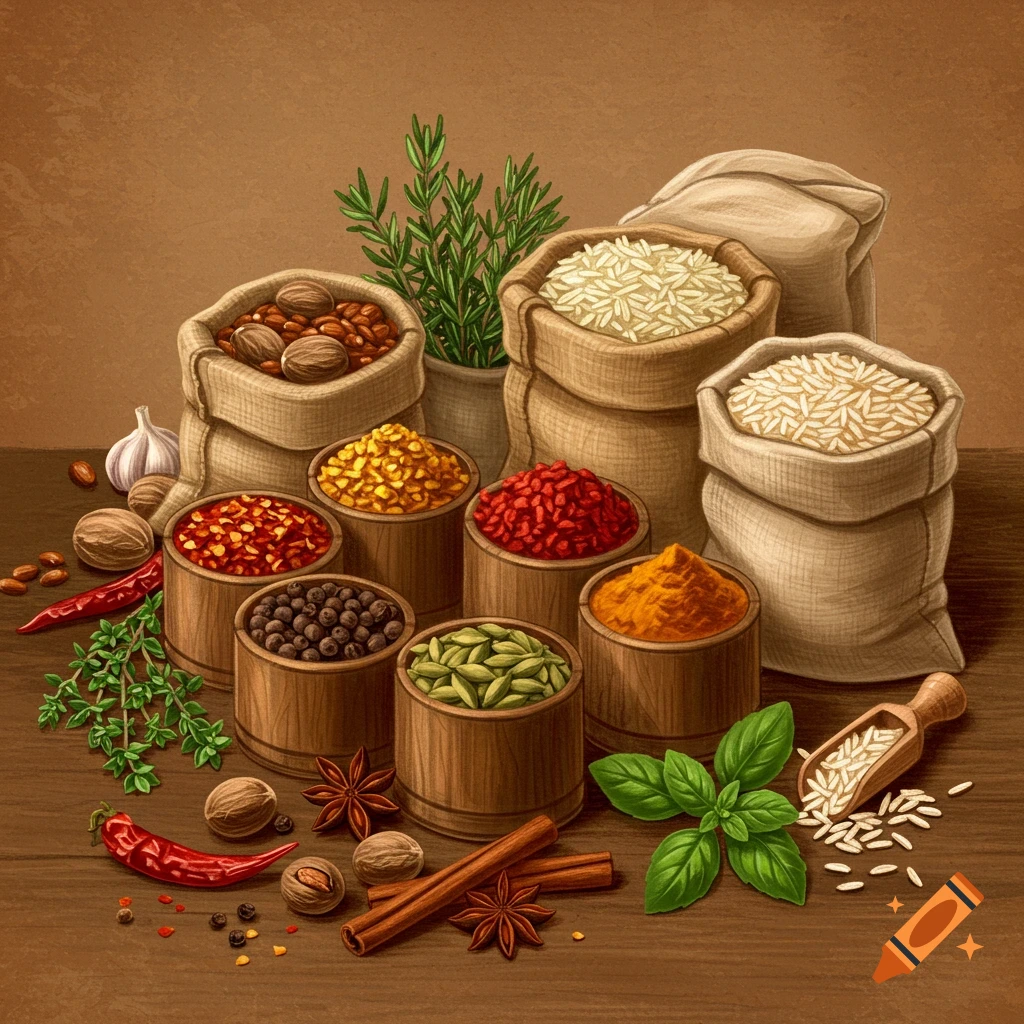 Illustration of spices, herbs, and rice in sacks and bowls on a wooden surface.