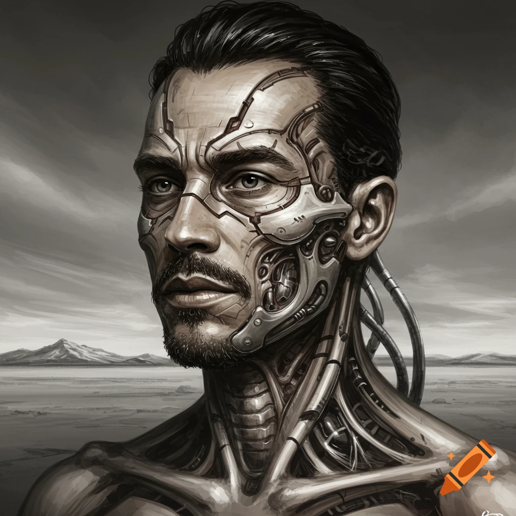 Portrait of a person with biomechanical cybernetic implants on their face and neck, against a desolate landscape.