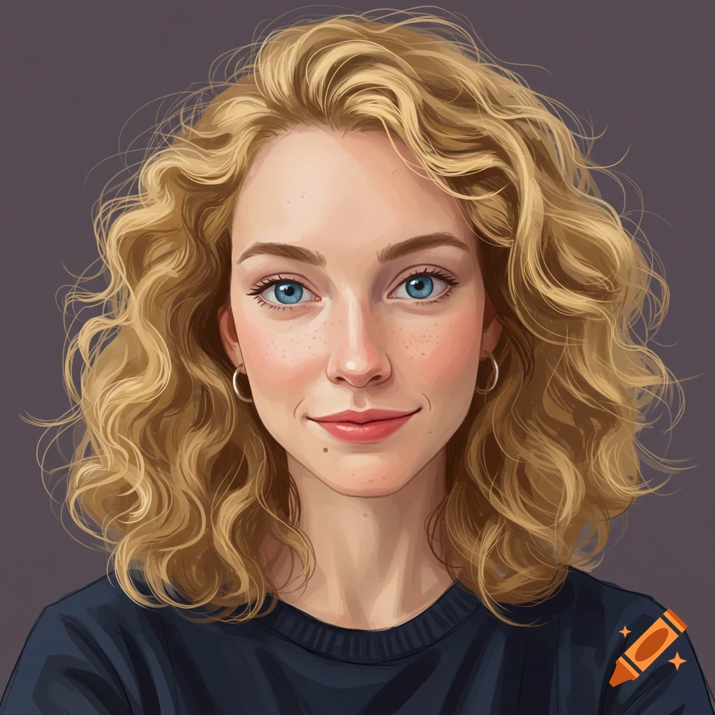 Illustration of a young woman with curly blonde hair, blue eyes, and freckles smiling.