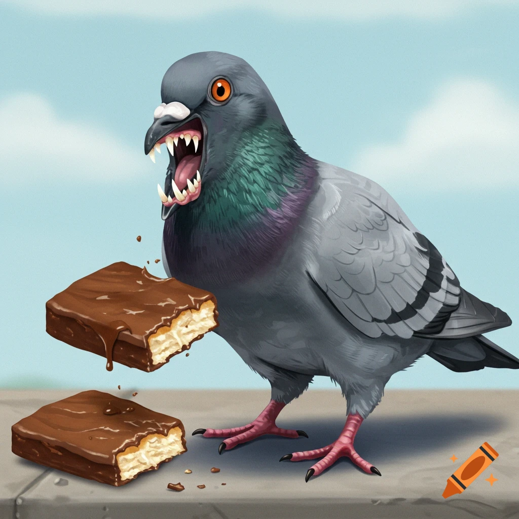 Illustration of a pigeon with sharp teeth aggressively eating a Nanaimo bar.