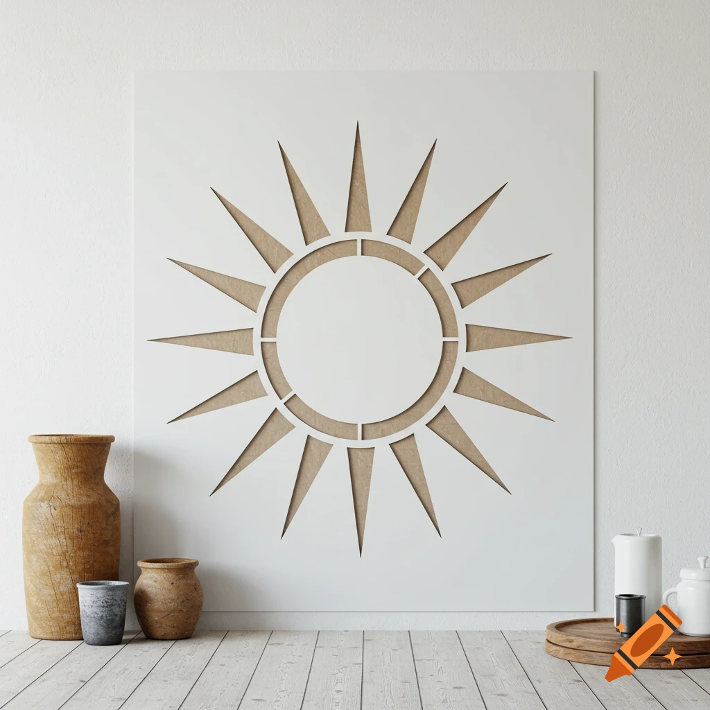 A stencil of a sun design on a white wall, with decorative vases and candles on a wooden floor.