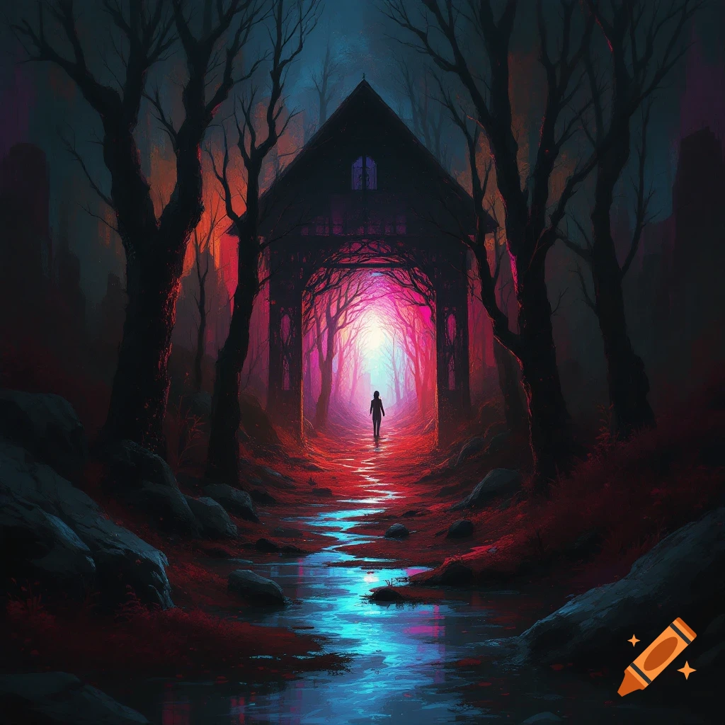 A person walks towards a glowing light through a dark forest archway with a colorful stream.