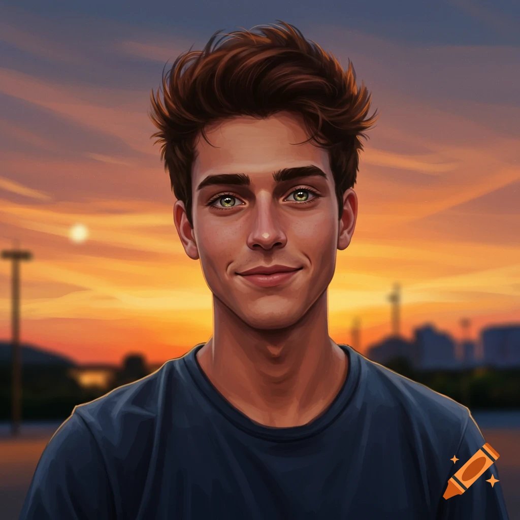 Digital art portrait of a smiling young man against a sunset background.