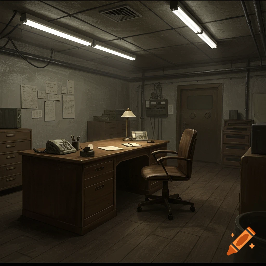 Vintage office interior with a large wooden desk and chair, fluorescent lights, and files on the wall.