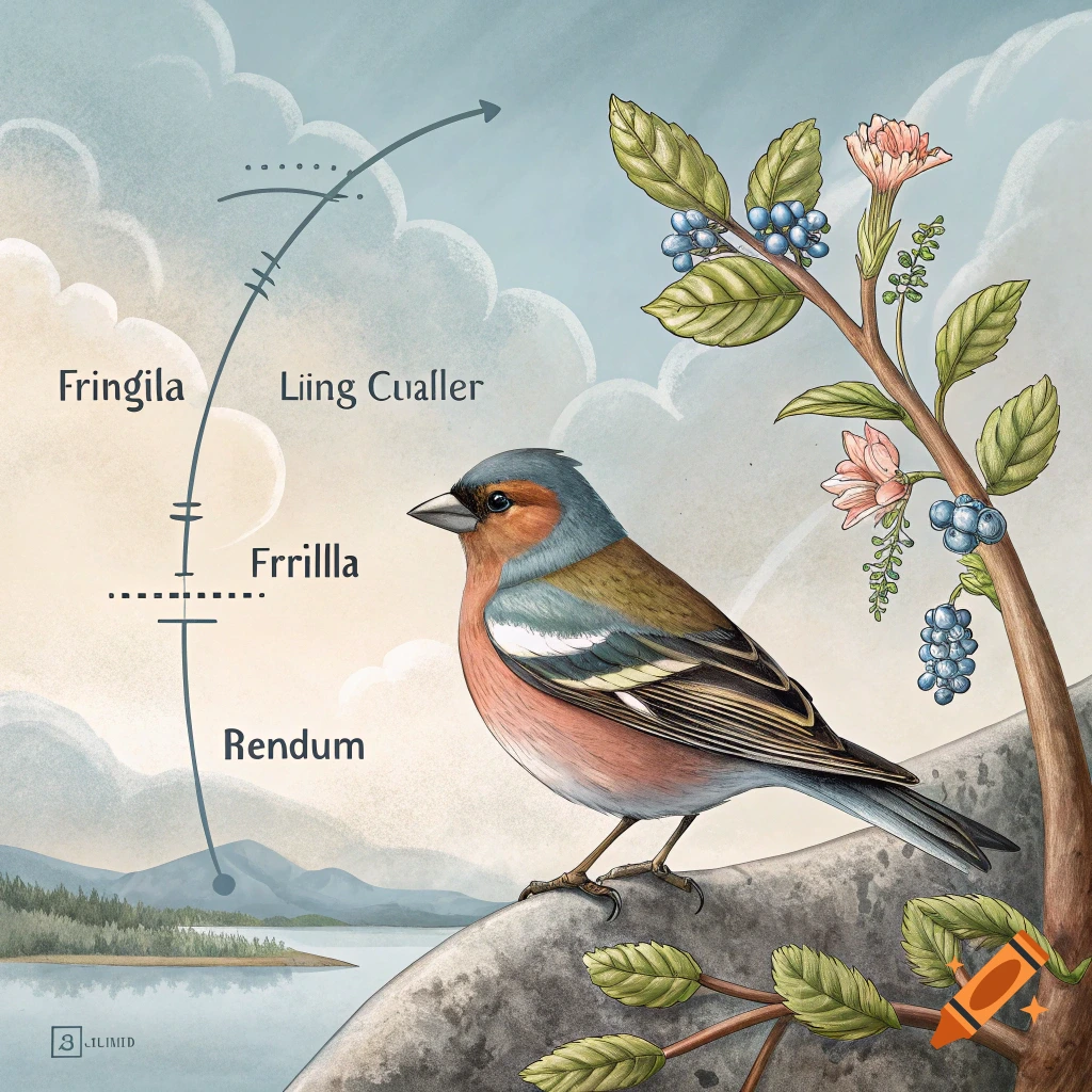 Illustration of a finch bird on a rock with a branch, landscape background, and diagrammatic text.
