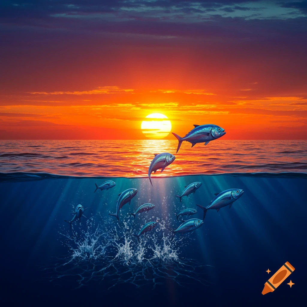 A school of fish jump out of the ocean against the backdrop of a vibrant sunset.