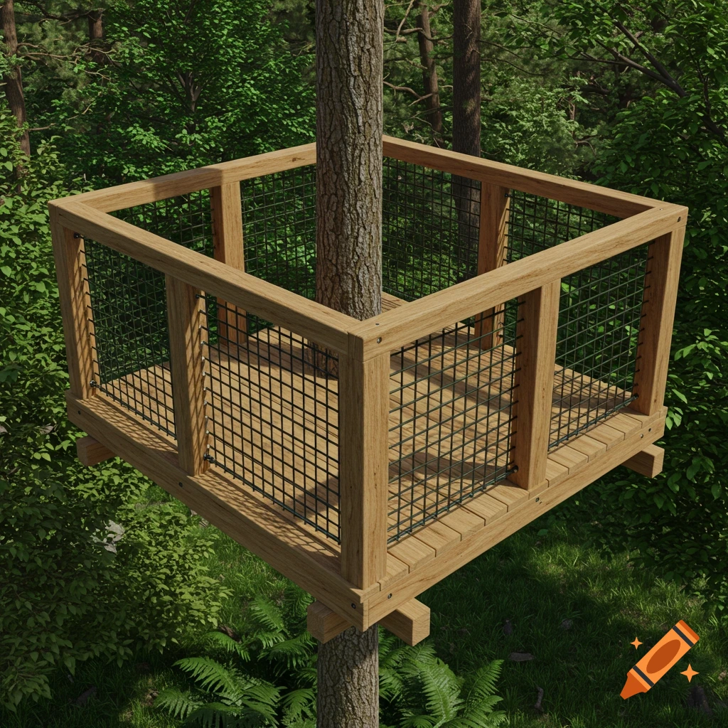 A wooden platform built around a tree trunk in a forest, with mesh railings and flooring.