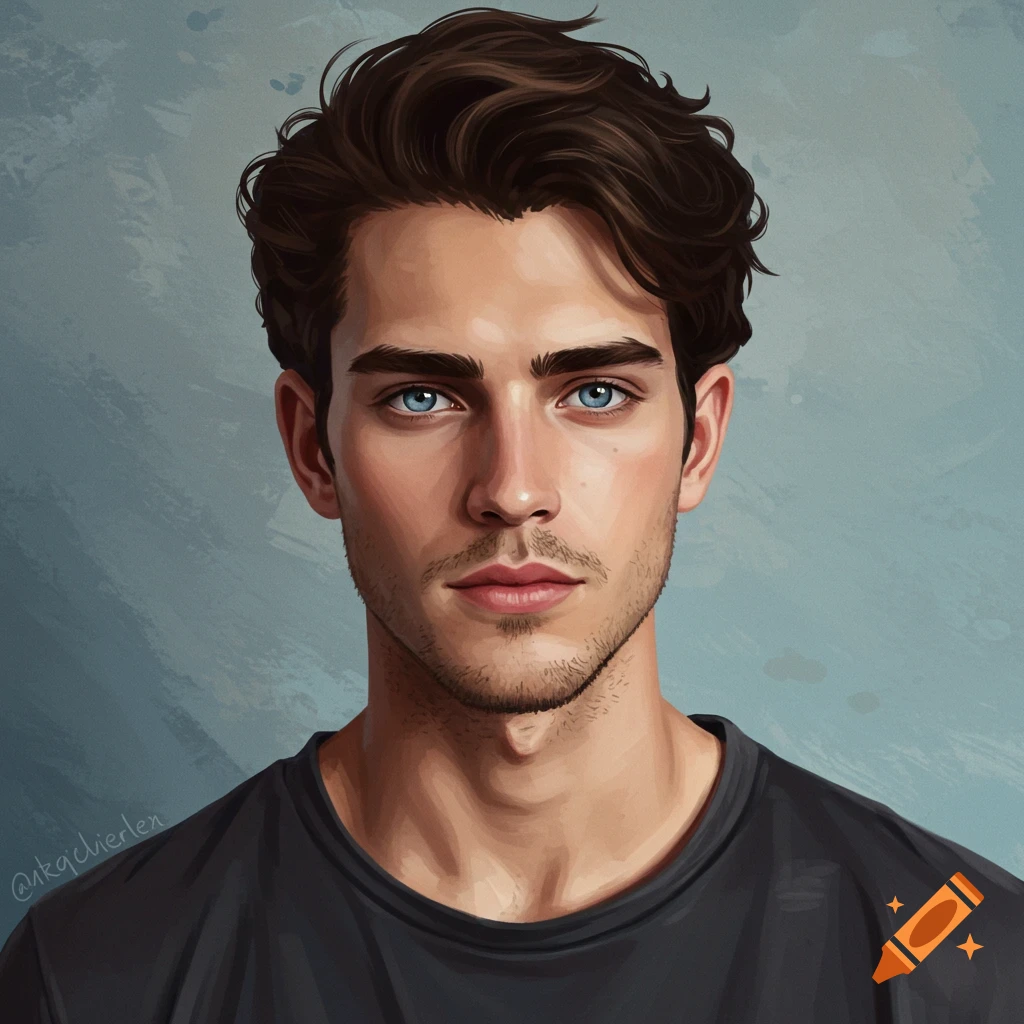 A digital illustration of a young man with dark brown hair and blue eyes, looking directly at the viewer.