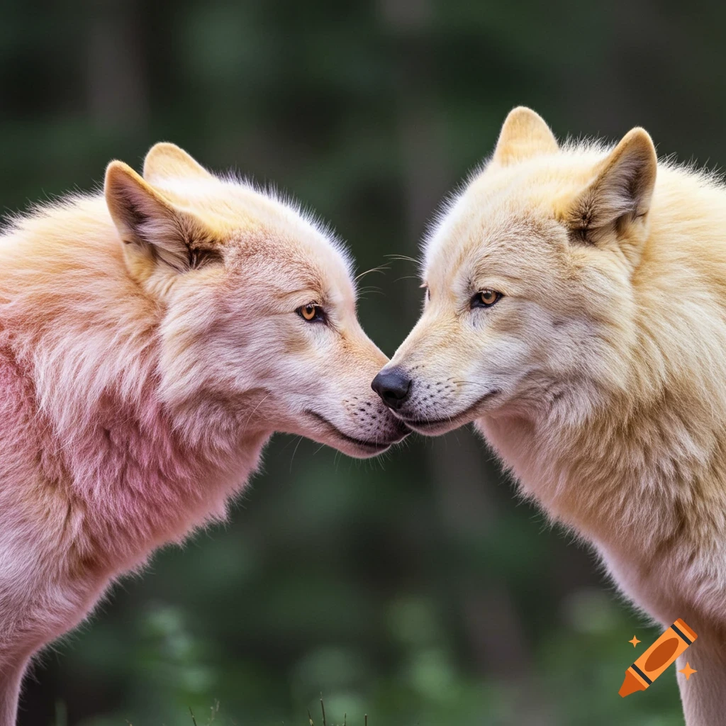 Two wolves with yellow and pink fur touching noses