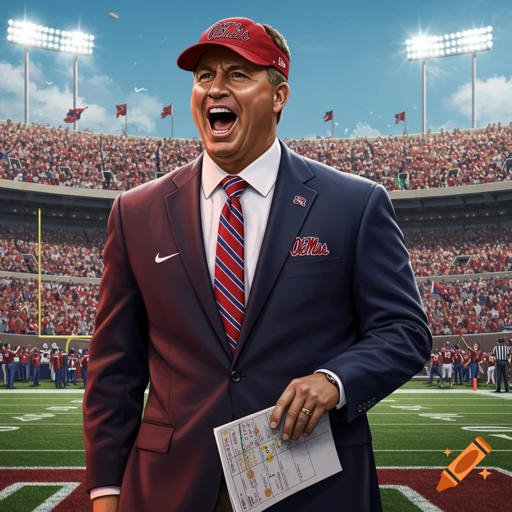 A football coach in a suit and Ole Miss cap yells on the field in a stadium.