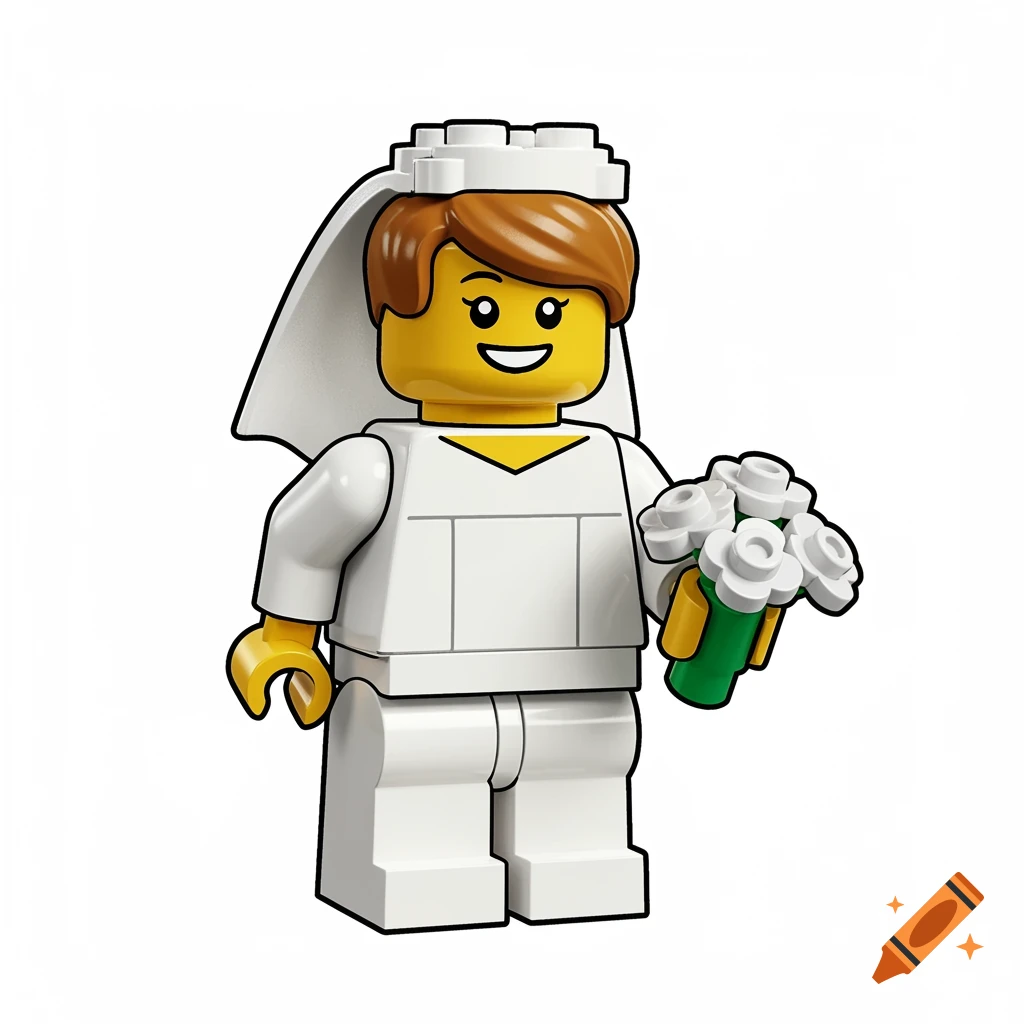 A clipart image of a Lego bride holding a white bouquet.