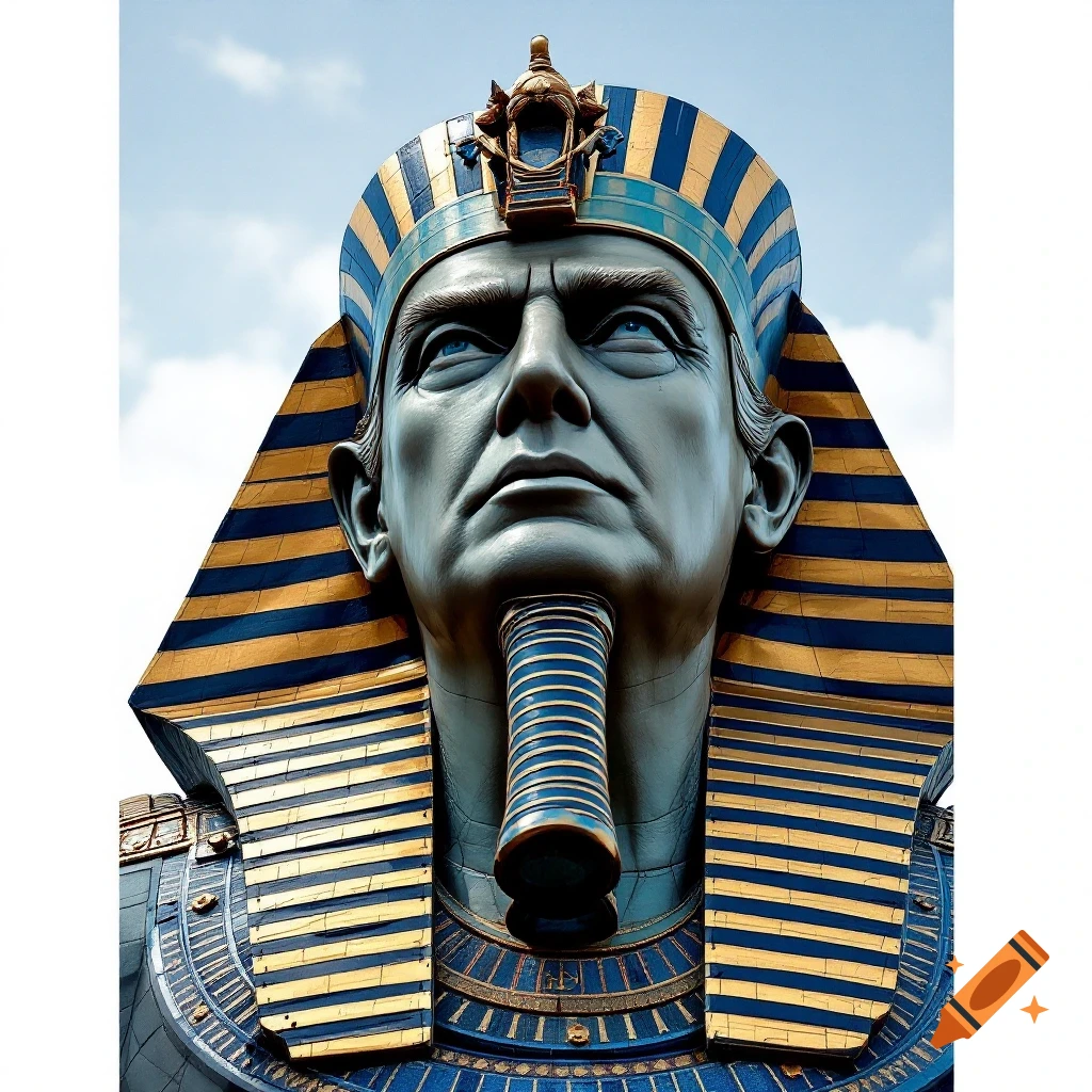 Close up of a statue head resembling Donald Trump wearing a blue and gold Egyptian pharaoh headdress.