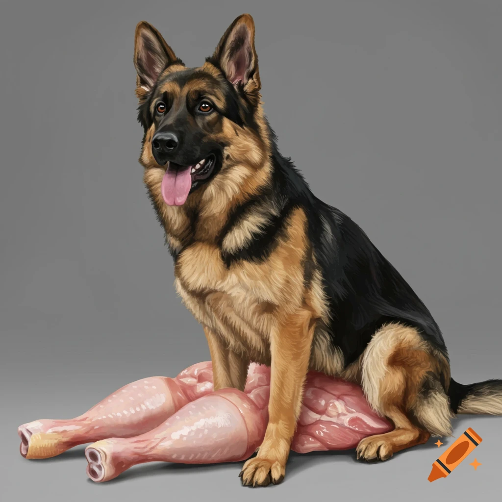 Illustration of a German Shepherd sitting on a pile of raw chicken legs.