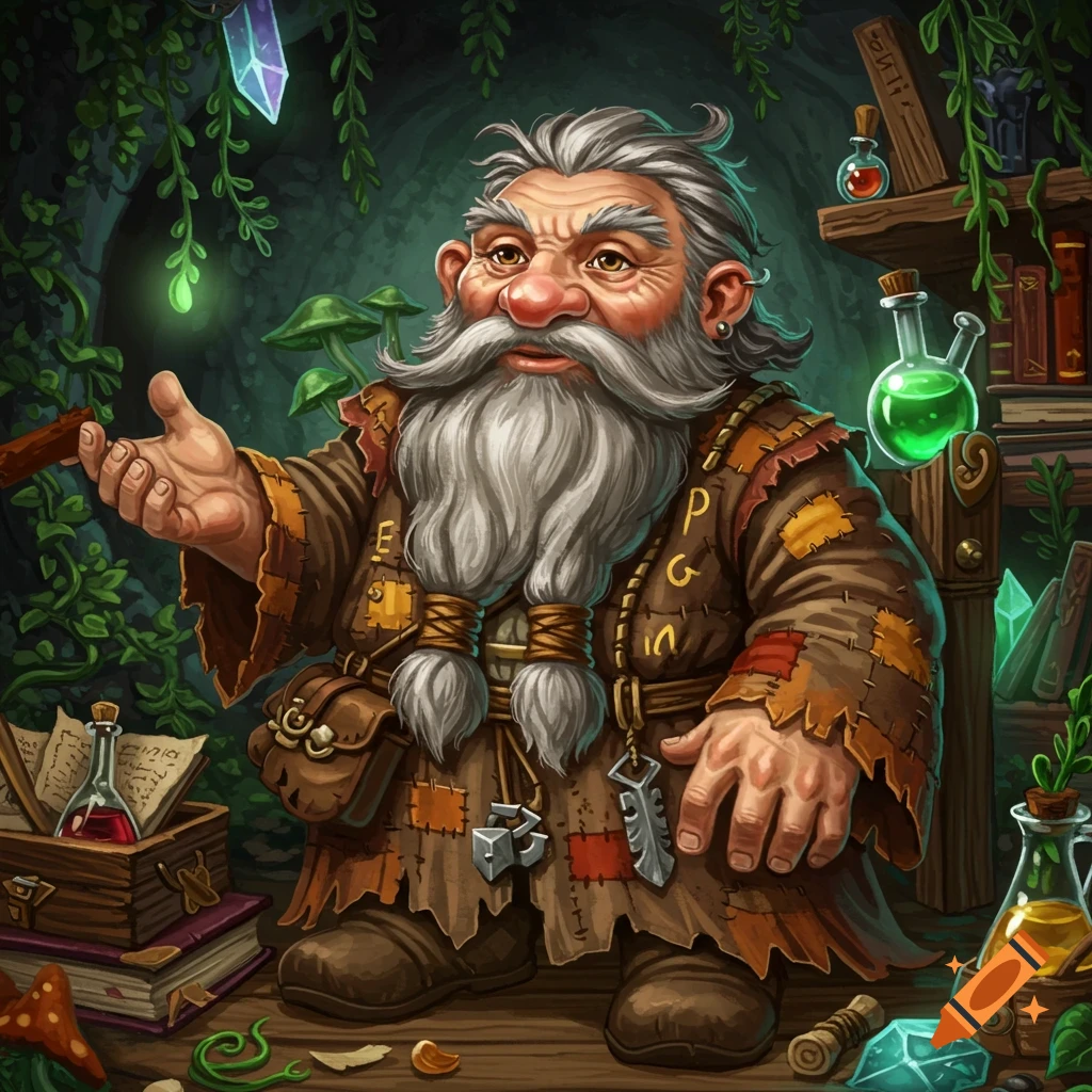 Eccentric old dwarf sage stands in a forest workshop surrounded by potions, books, and gems, digital illustration.
